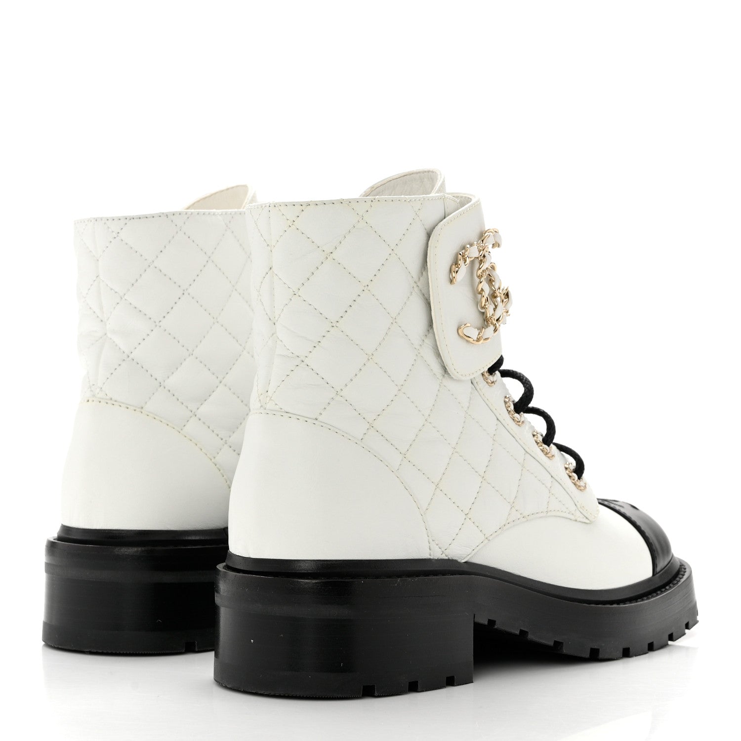 Chanel Shiny Goatskin Calfskin Quilted Lace Up Combat Boots 36 White Black 4 of 8