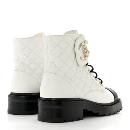 Chanel Shiny Goatskin Calfskin Quilted Lace Up Combat Boots 36 White Black 4 of 8
