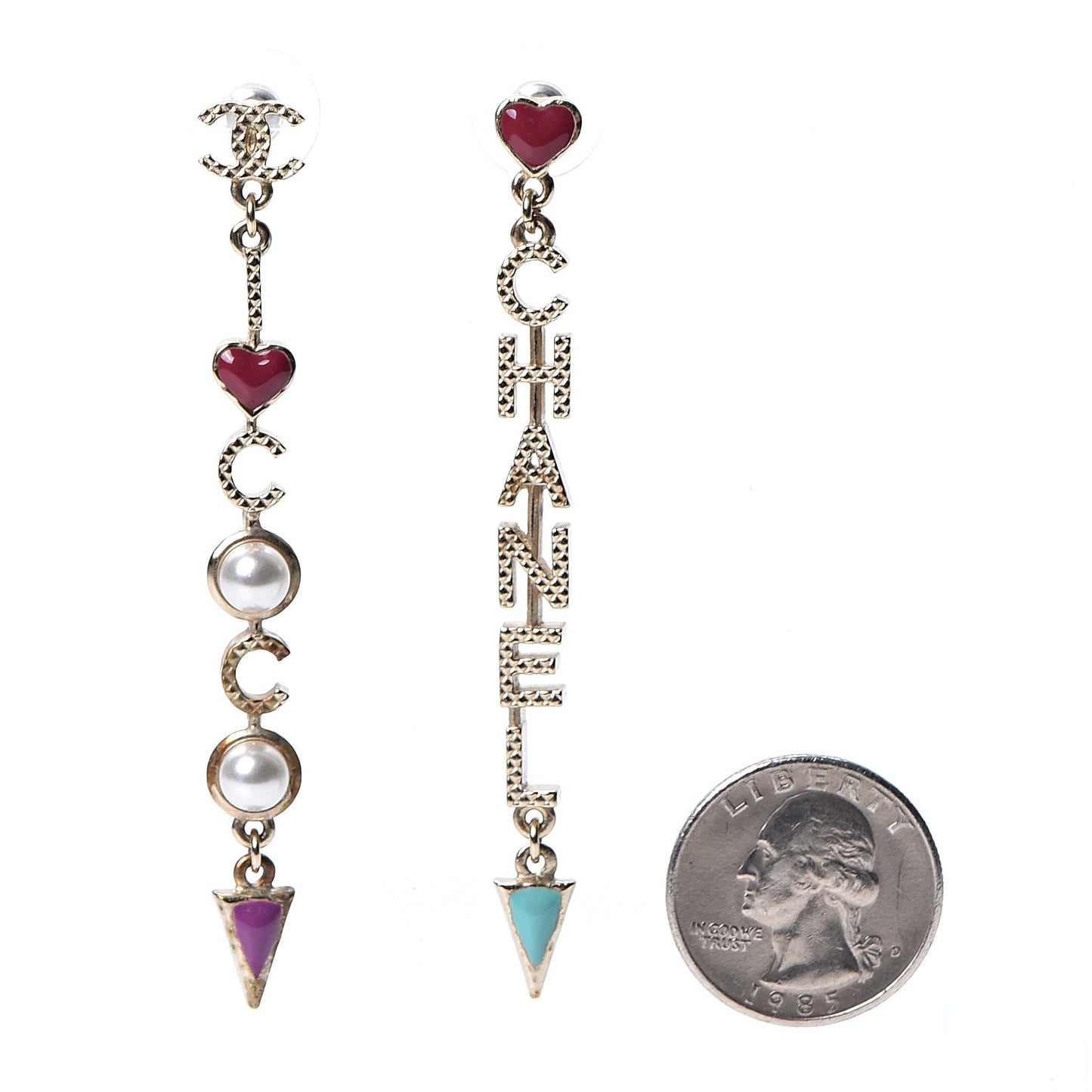 Pearl Enamel Logo Long Drop Earrings Gold