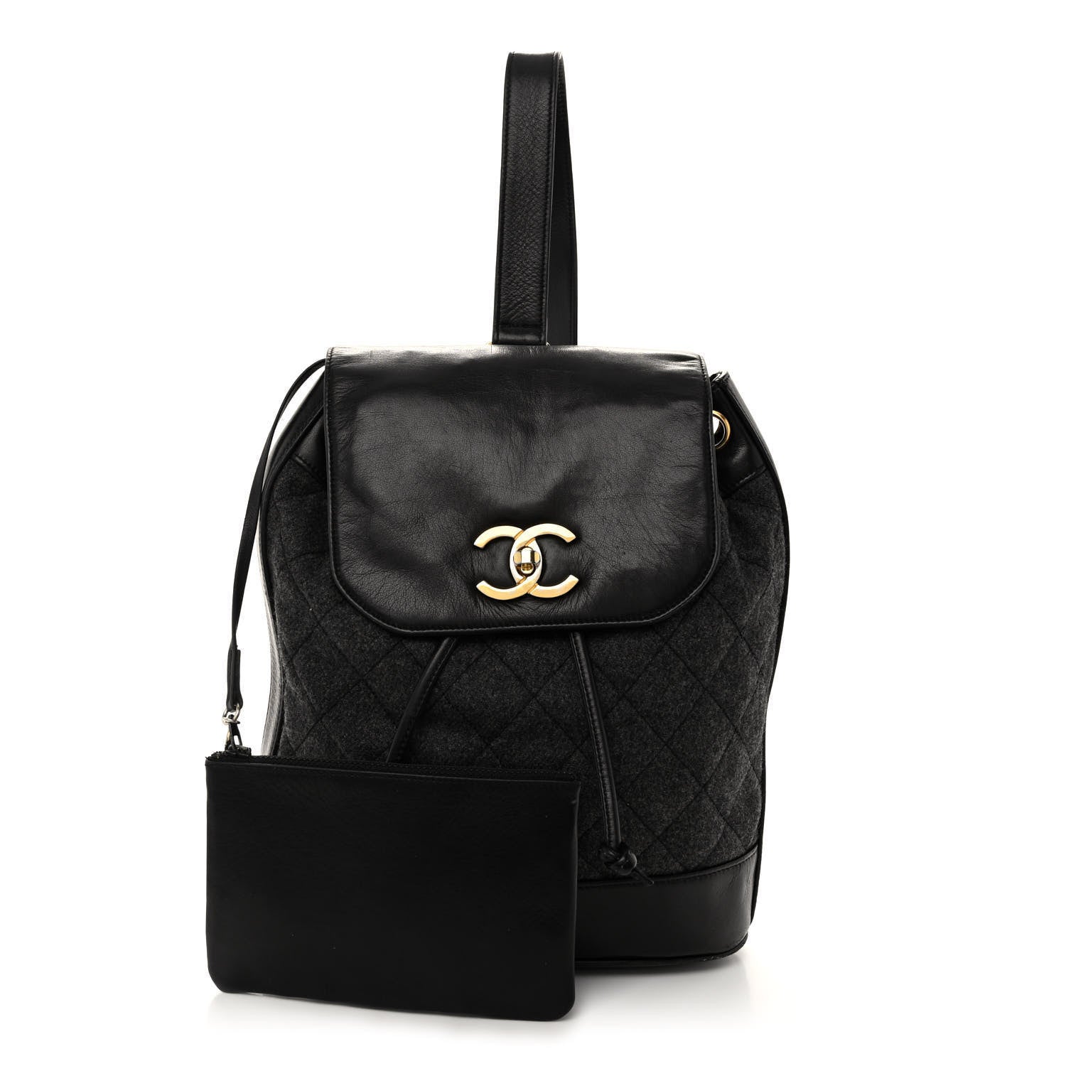 Chanel Lambskin Wool Quilted Drawstring Sling Backpack Black Grey 1 of 10