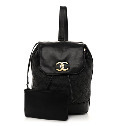 Chanel Lambskin Wool Quilted Drawstring Sling Backpack Black Grey 1 of 10