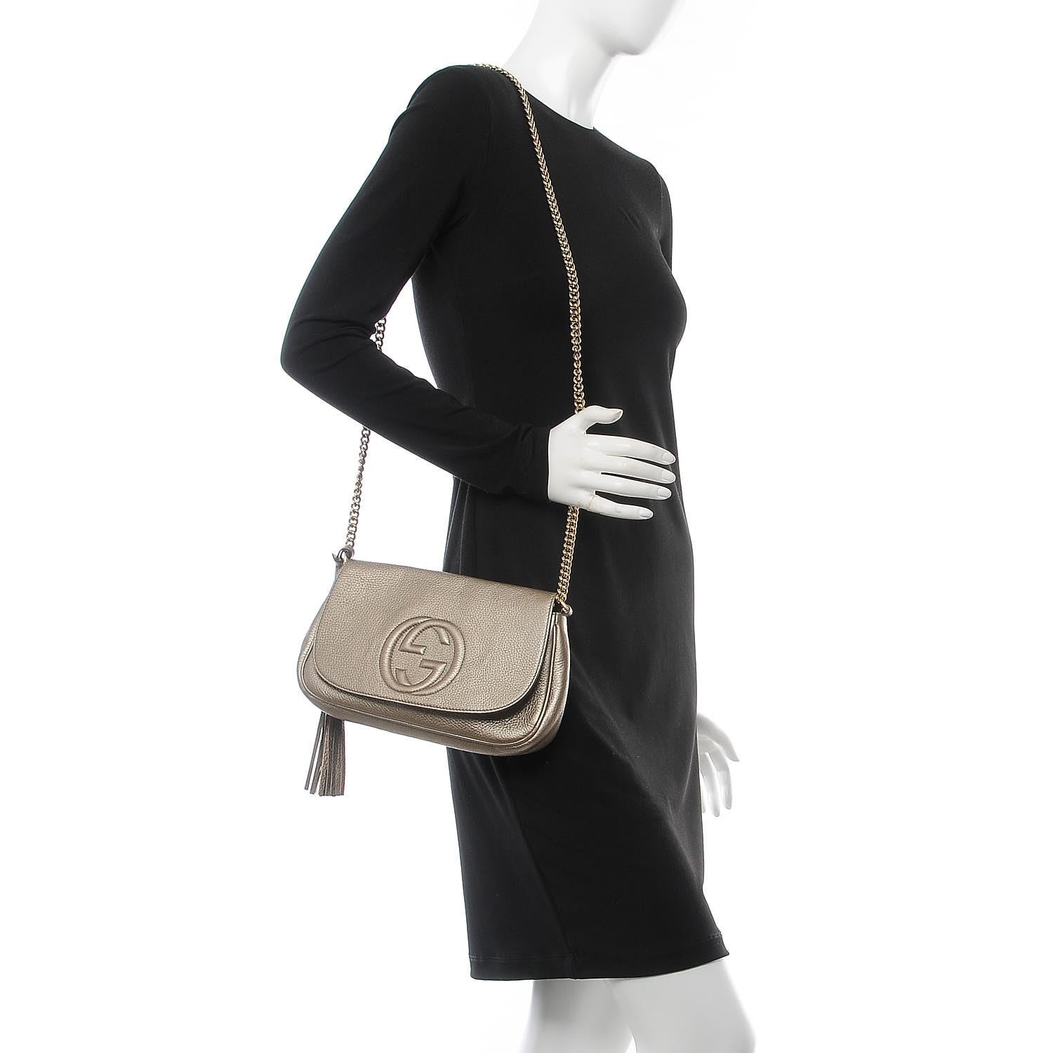 Gucci Metallic Pebbled Calfskin Medium Soho Flap Crossbody Golden Beige 2 of 13