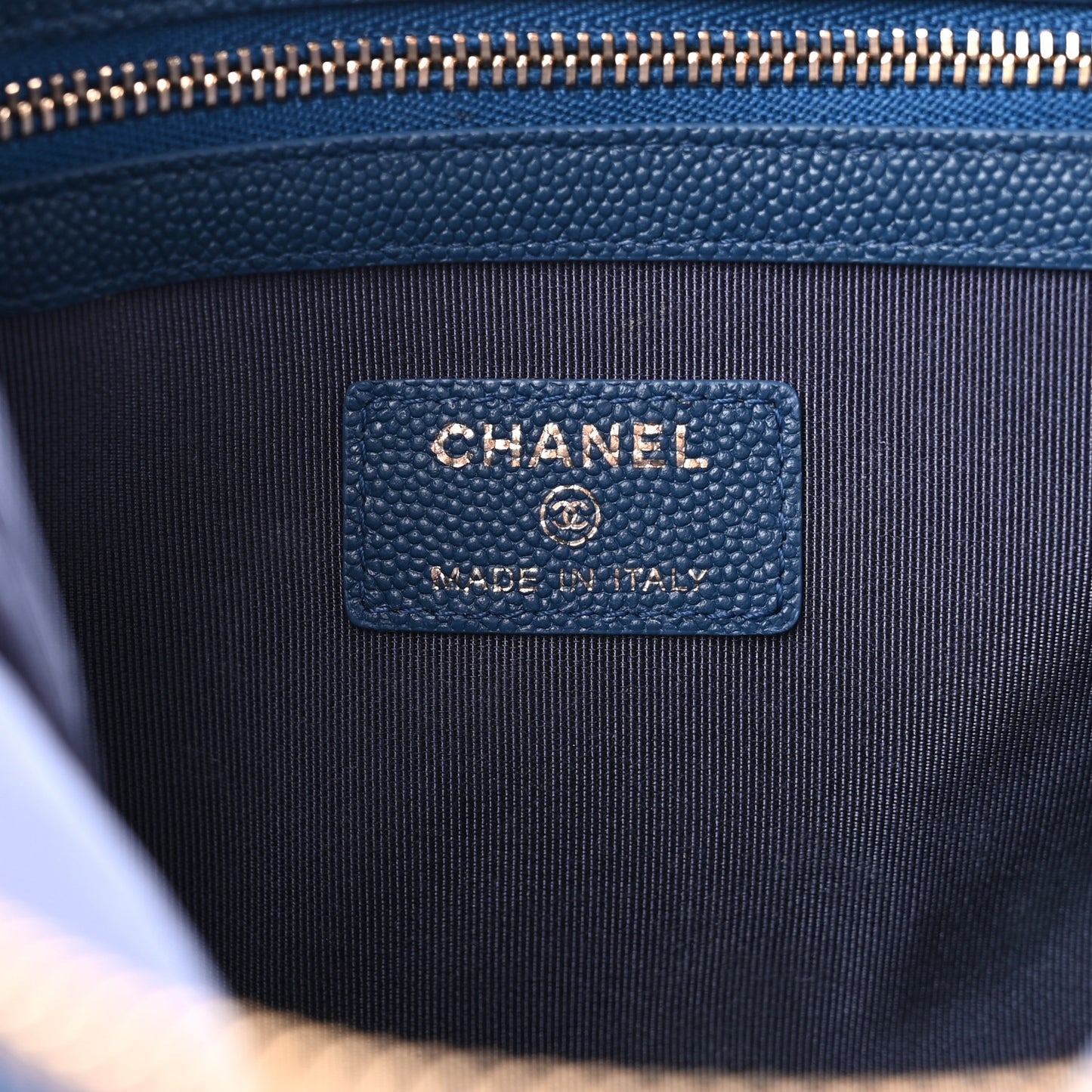 Caviar Chevron Quilted Medium Zip Pouch Navy