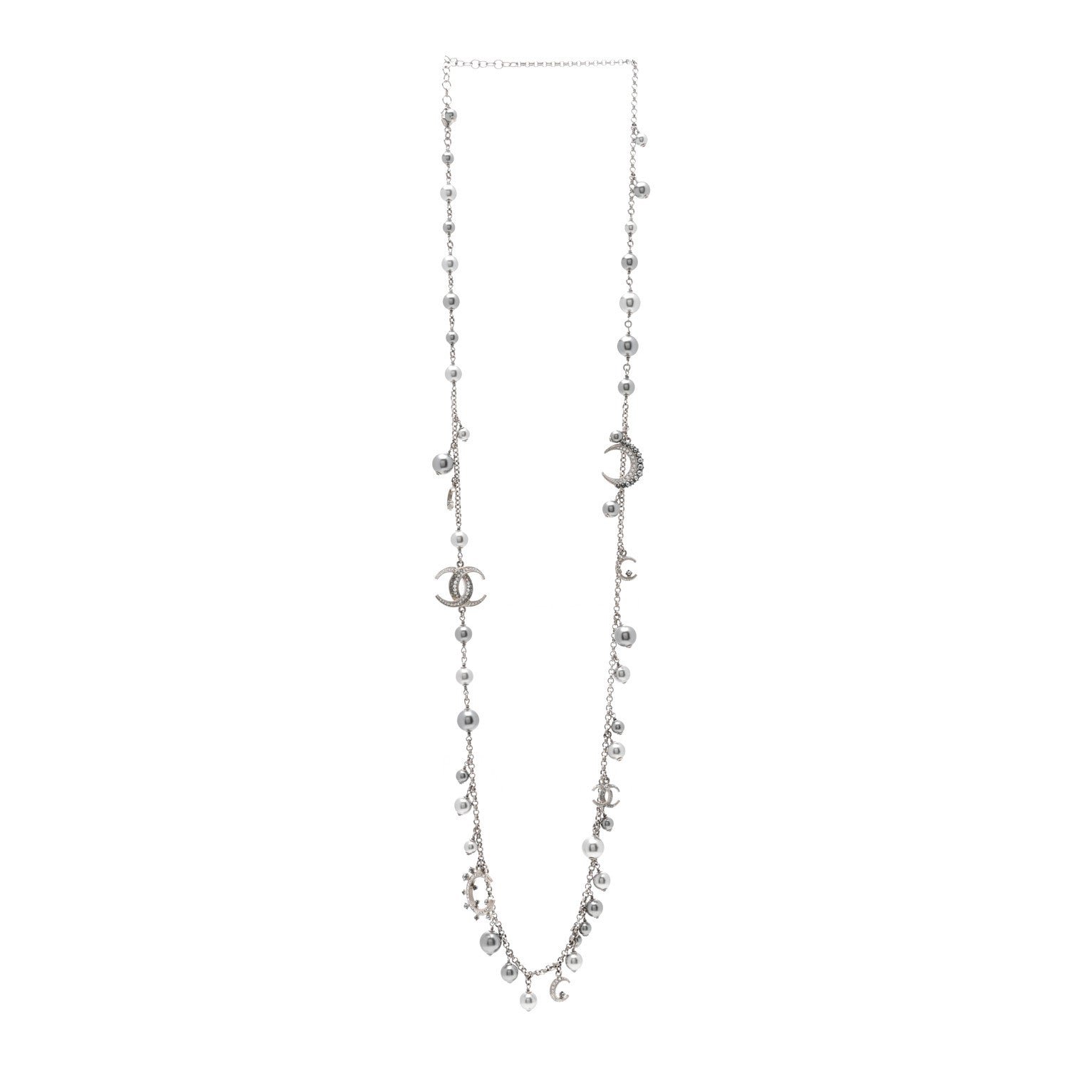 Chanel Crystal Pearl CC Moon Long Necklace Silver Grey 3 of 6