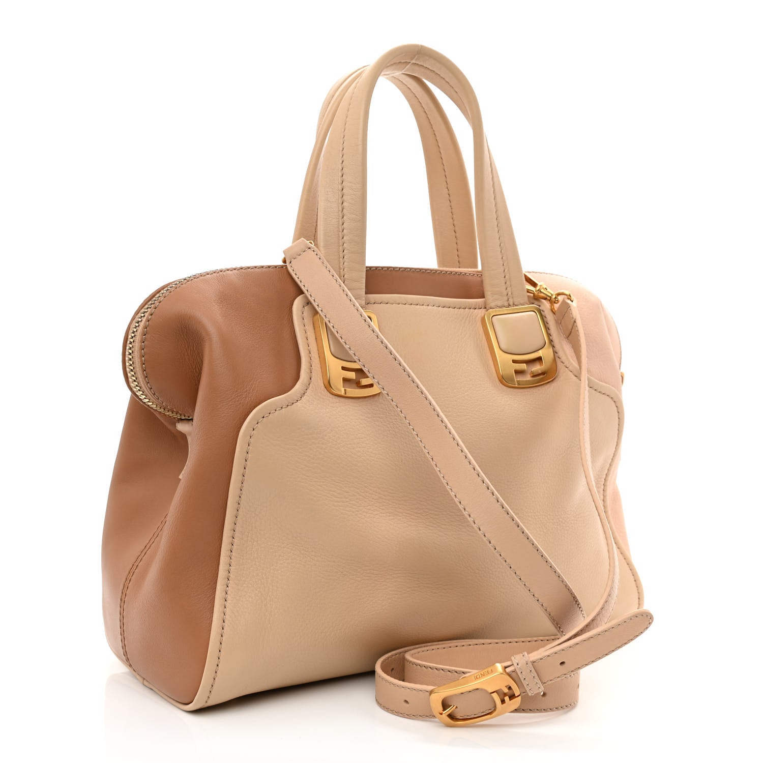 Fendi Capra Vitello Dolce Marmol Colorblock Small Chameleon Tote Cipria Makeup Camel 3 of 10