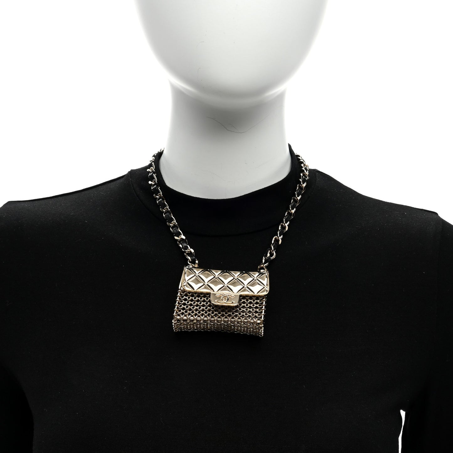 Metal Lambskin Chain Micro Bag Necklace Gold Black