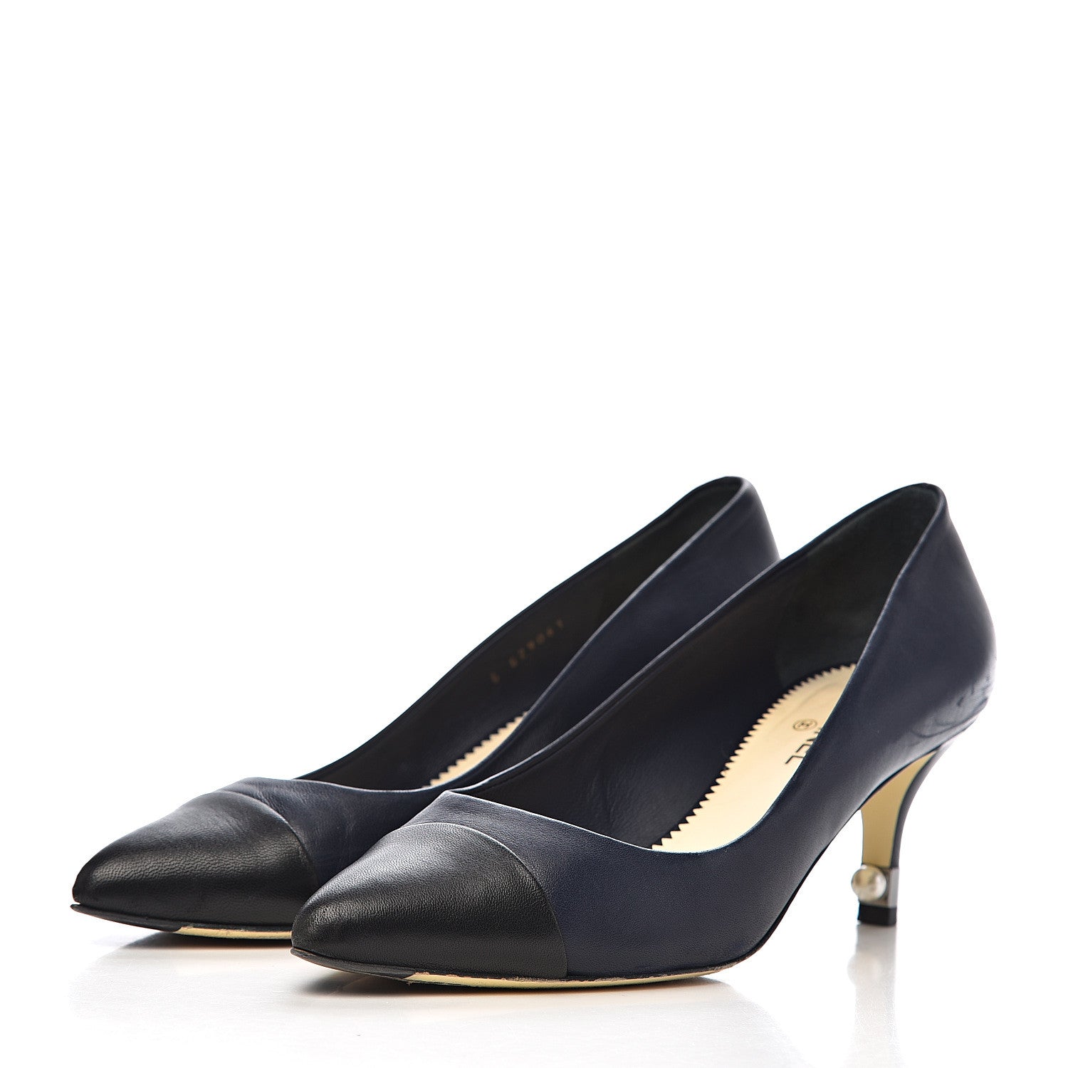 Chanel Lambskin Cap Toe Pearl Pumps 39 Navy Blue Black 2 of 14