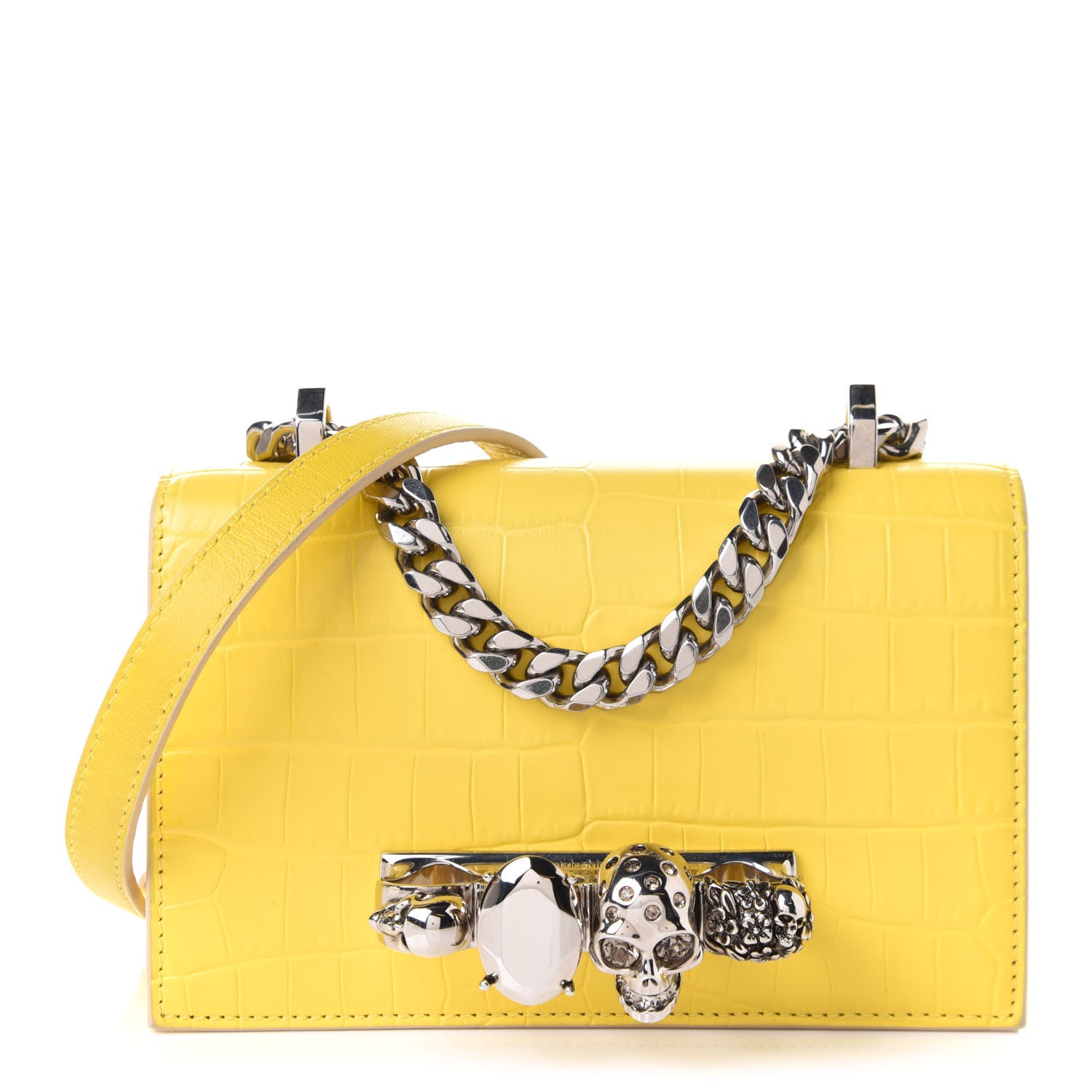 Alexander McQueen Shiny Crocodile Embossed Mini Jeweled Satchel Pop Yellow 1 of 11