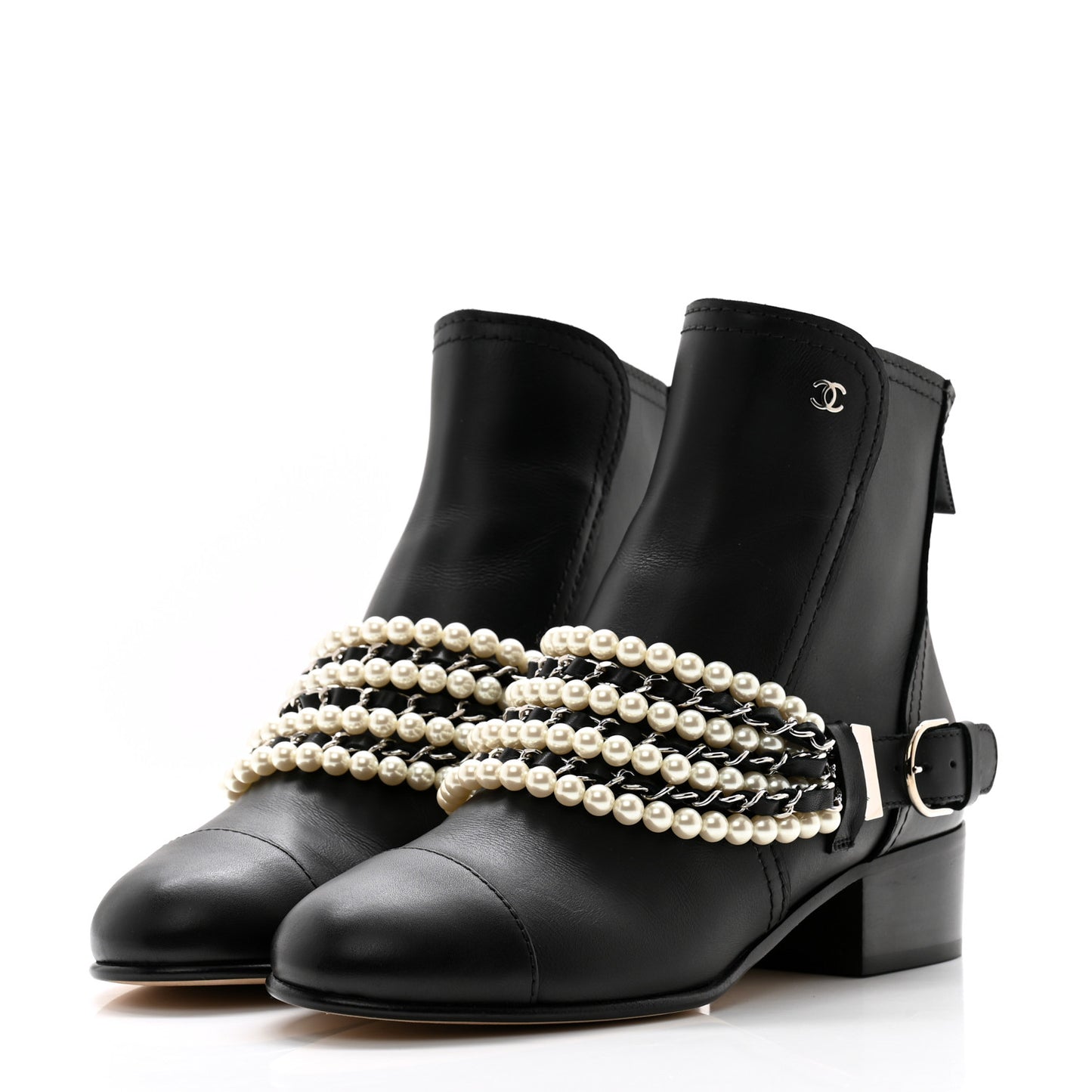 Calfskin Pearl Cap Toe Short Boots 36.5 Black