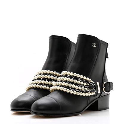 Chanel Calfskin Pearl Cap Toe Short Boots 36.5 Black 3 of 12