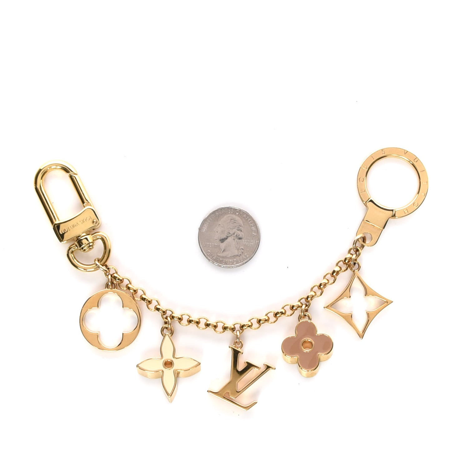 Brass Enamel Fleur De Monogram Bag Charm Chain Gold