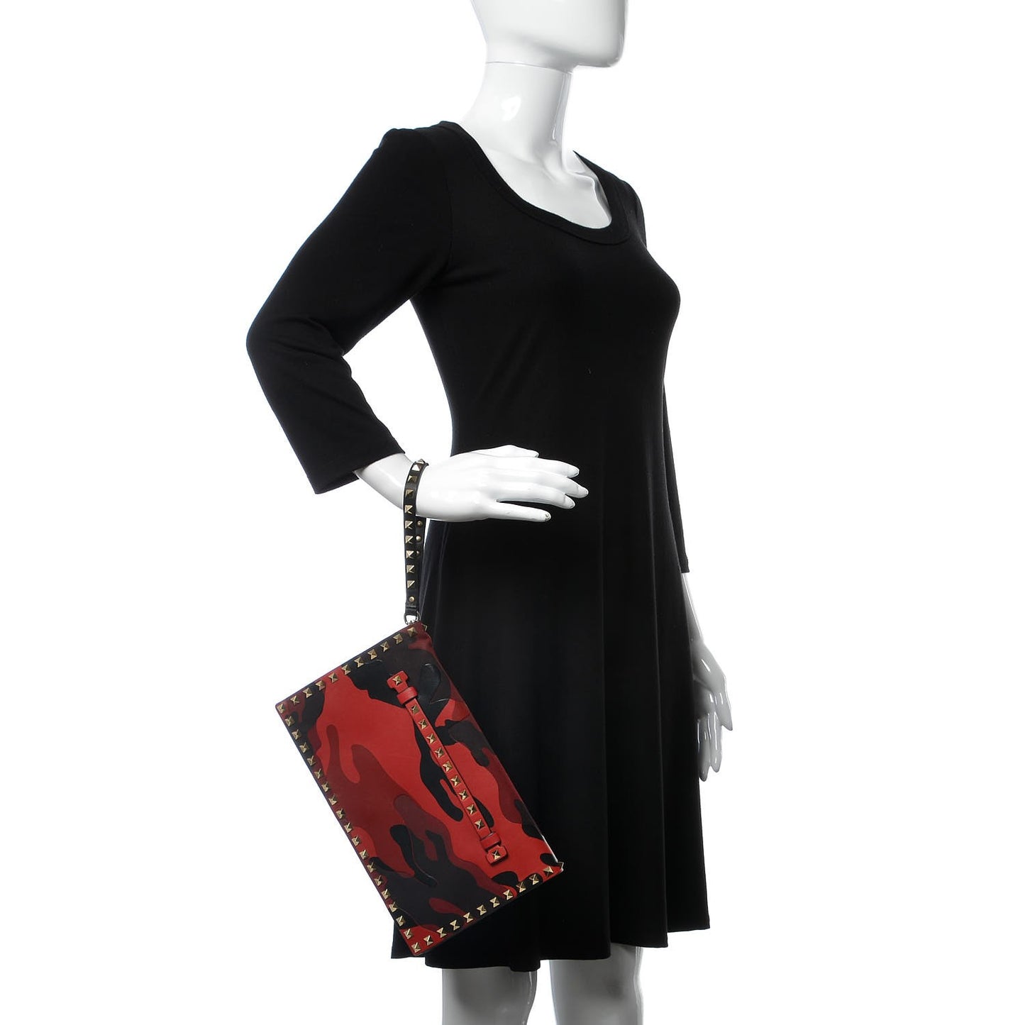 Nappa Canvas Camouflage Rockstud Wristlet Clutch Red Black
