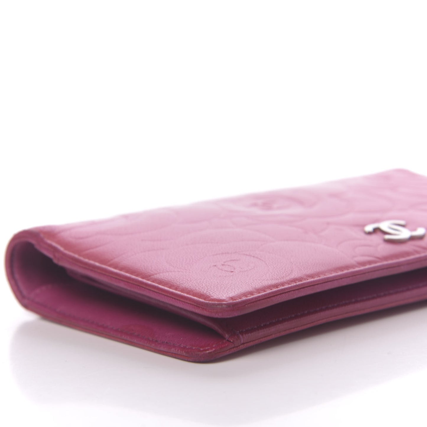 Lambskin Camellia Embossed Yen Wallet Fuchsia
