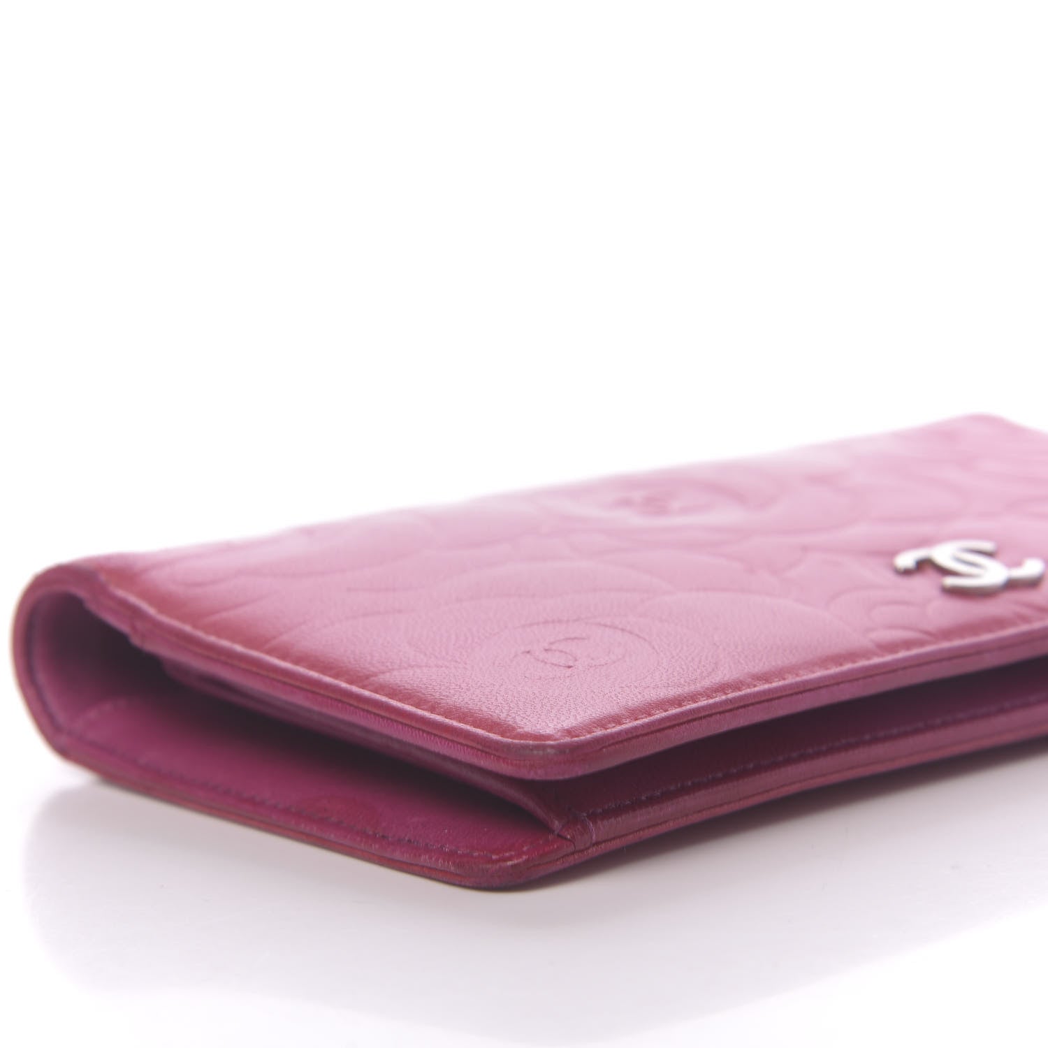 Chanel Lambskin Camellia Embossed Yen Wallet Fuchsia 9 of 12
