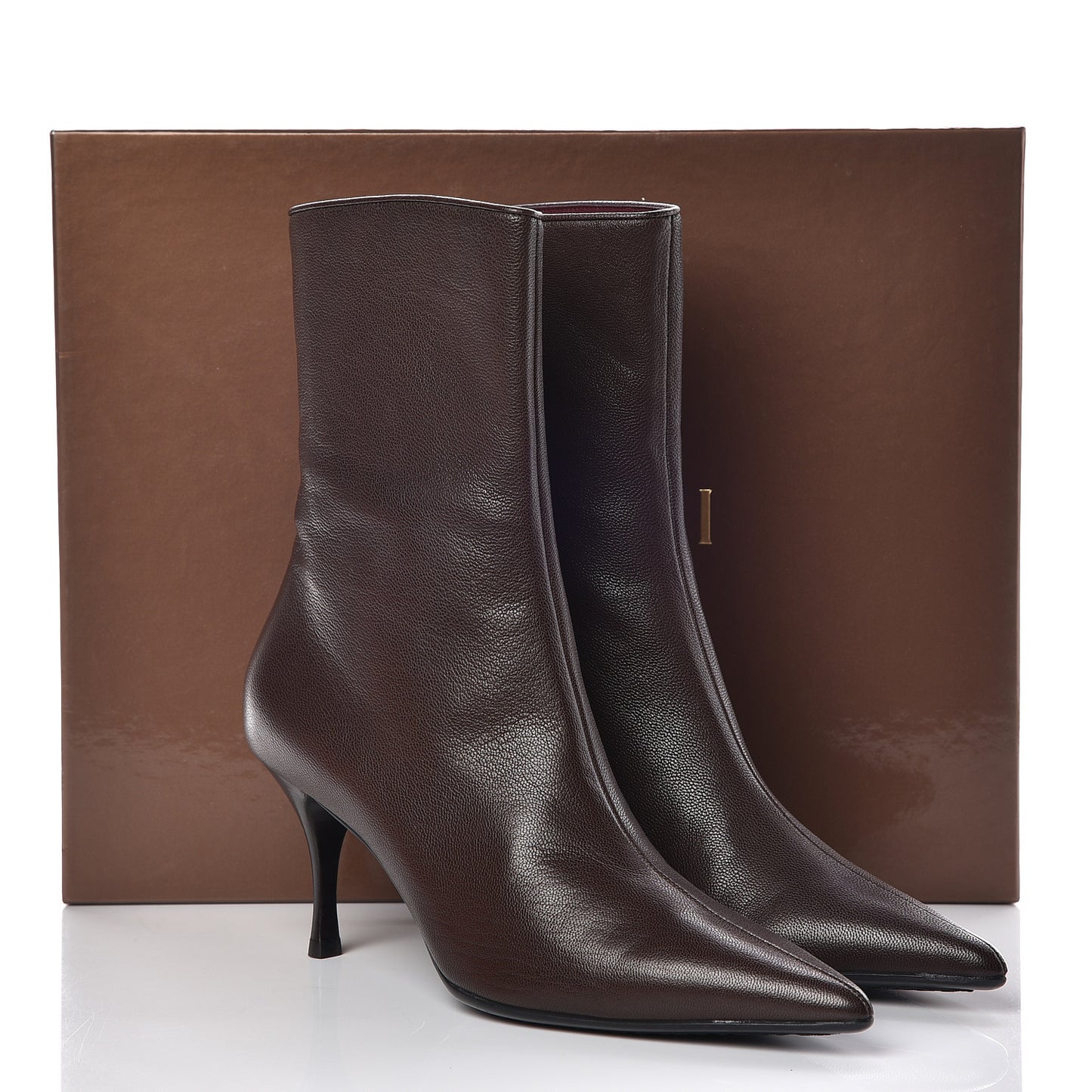 Grained Calfskin Pointed Toe Bootie 9 Brown