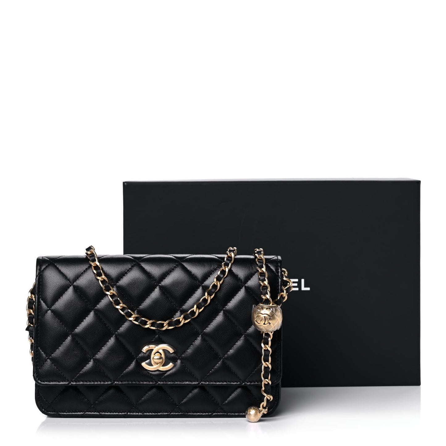 Lambskin Quilted CC Pearl Crush Wallet on Chain WOC Black