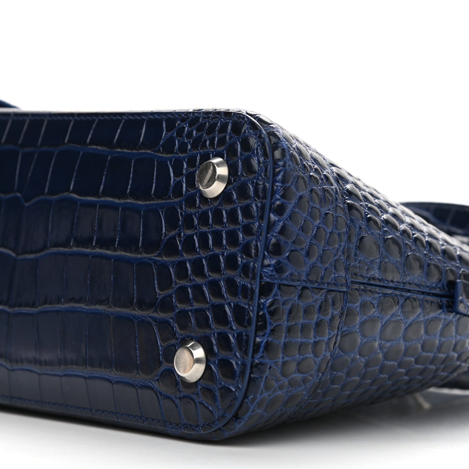 Balenciaga Shiny Calfskin Logo Crocodile Embossed S Ville Top Handle Bag Navy White 10 of 10