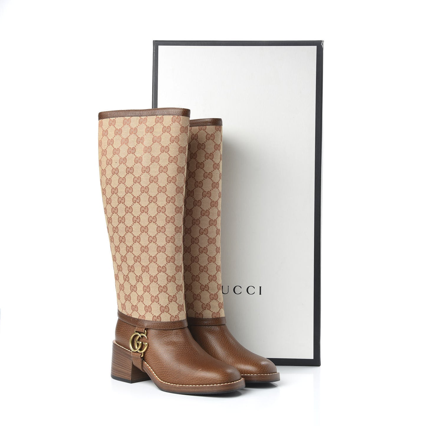 GG Monogram Calfskin Lola Tall Boots 37 Beige Ruggine Cuir