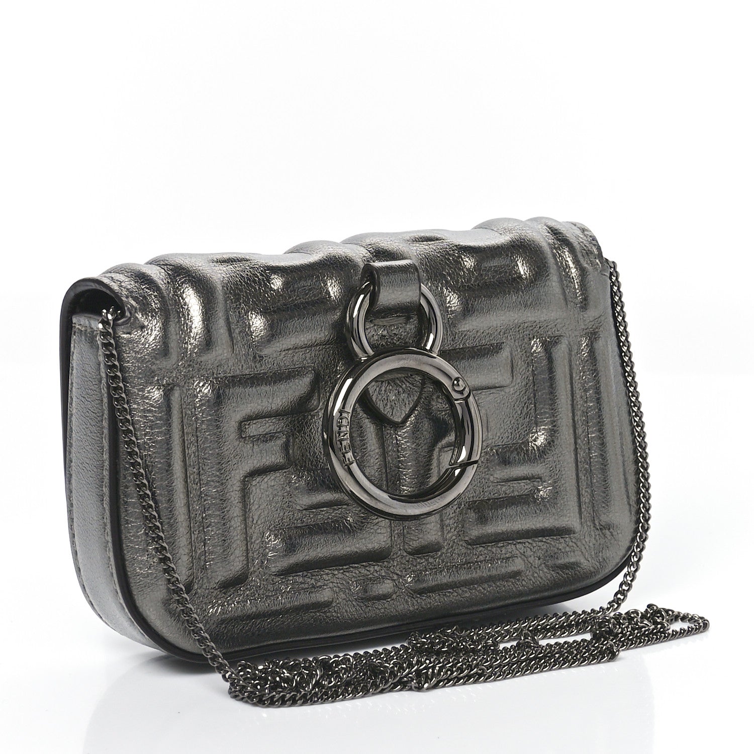 Fendi Vitello Catalan Mirror FF 1974 Embossed Nano Baguette Charm Graphite 2 of 8