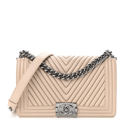 Chanel Lambskin Chevron Chain Stitched Medium Boy Flap Beige 1 of 8