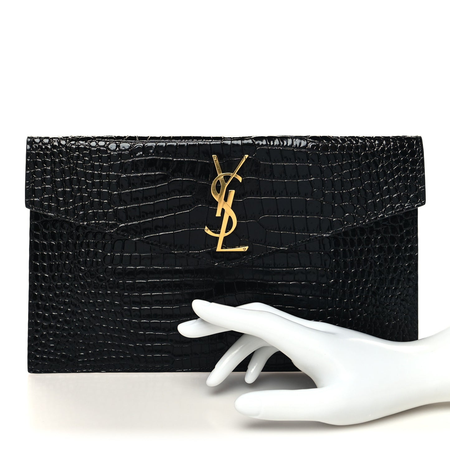 Calfskin Crocodile Embossed Uptown Monogram Pouch Black