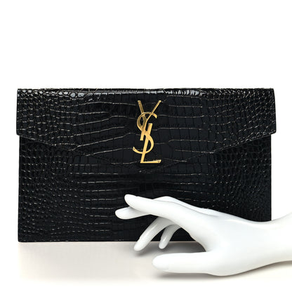 Saint Laurent Calfskin Crocodile Embossed Uptown Monogram Pouch Black 2 of 10