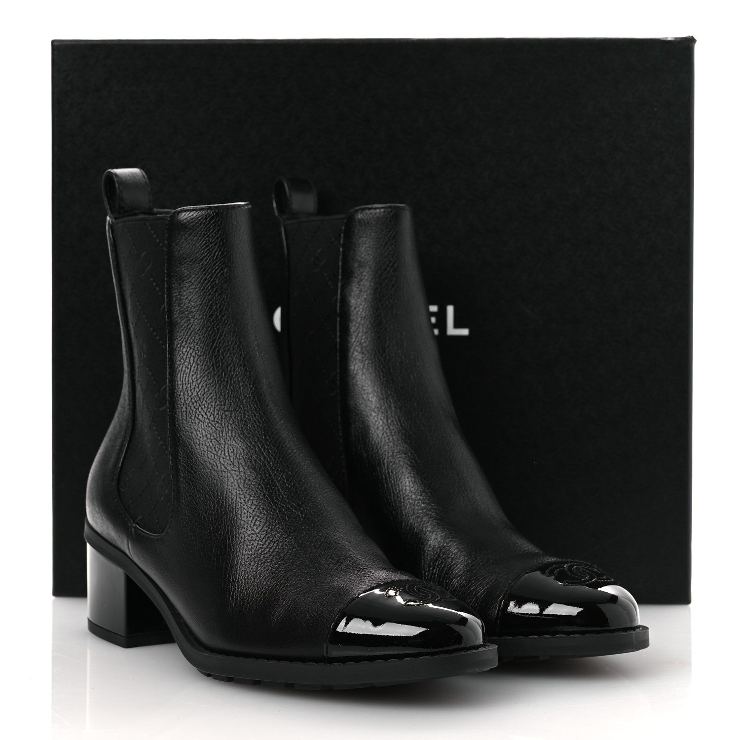 Chanel Shiny Grained Calfskin Patent Cap Toe Interlocking CC Short Boots 37.5 Black 12 of 12