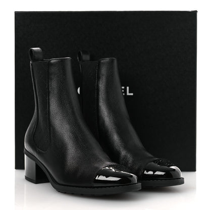Chanel Shiny Grained Calfskin Patent Cap Toe Interlocking CC Short Boots 37.5 Black 12 of 12
