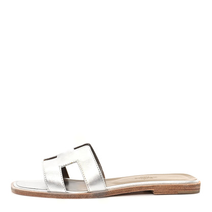 Hermes Metallic Nappa Oran Sandals 37.5 Gris Argente 1 of 9