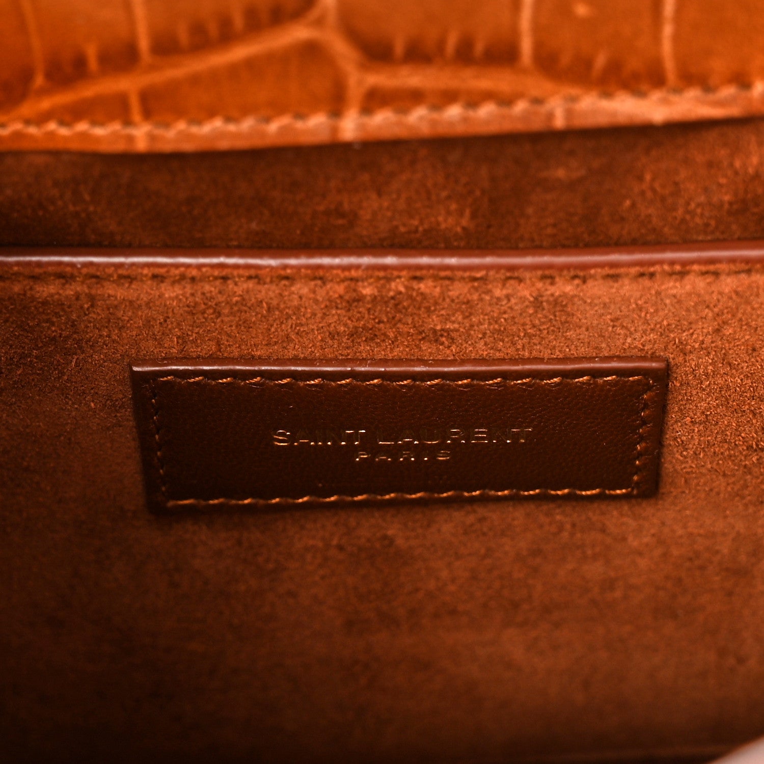 Saint Laurent Shiny Calfskin Crocodile Embossed Small Manhattan Baguette Dark Caramel 5 of 8