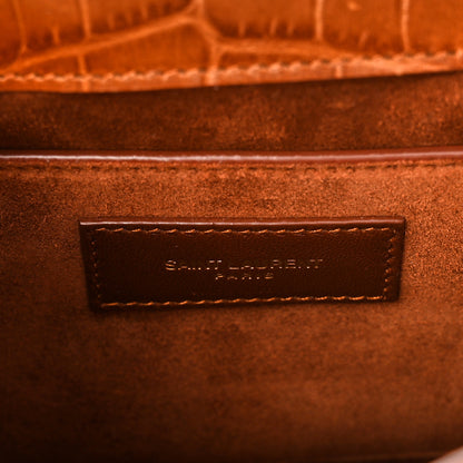 Saint Laurent Shiny Calfskin Crocodile Embossed Small Manhattan Baguette Dark Caramel 5 of 8