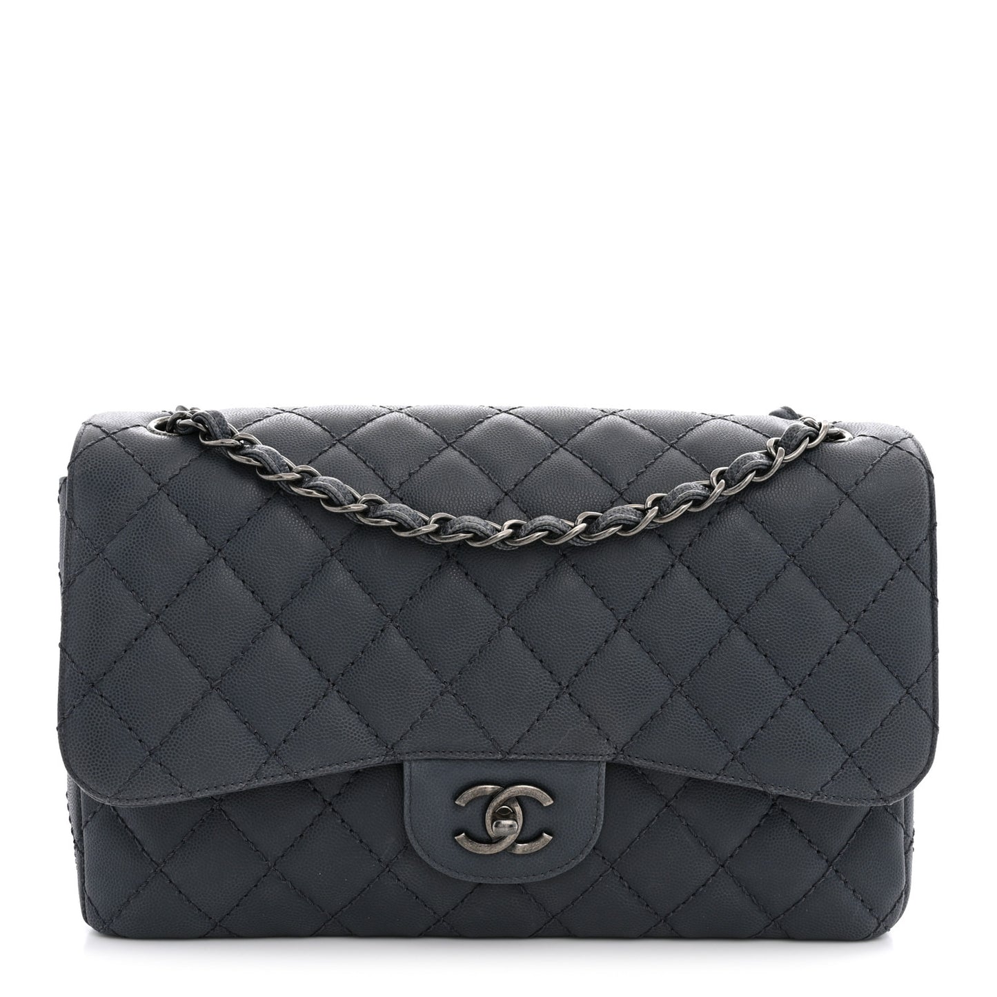 Washed Caviar Quilted Jumbo Double Flap Dark Grey