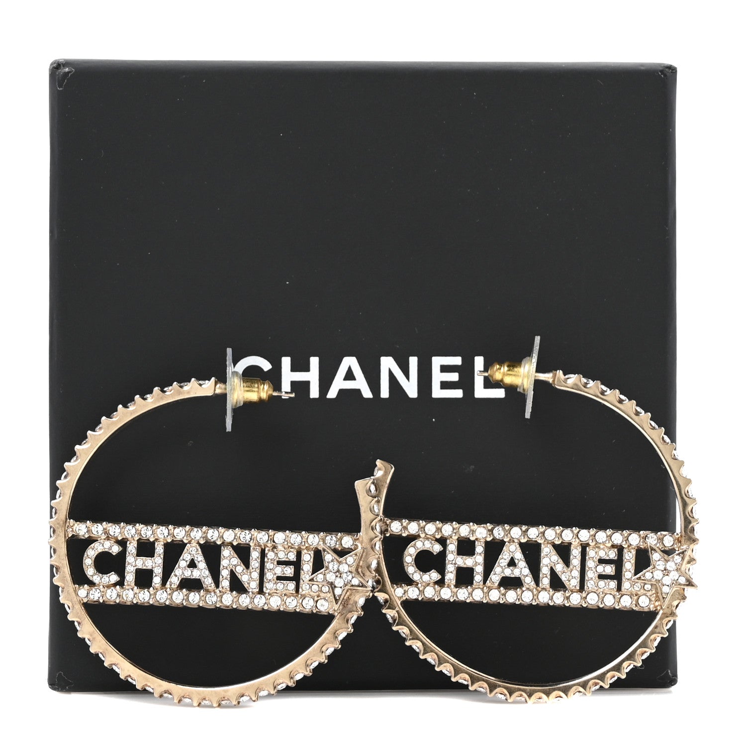 Chanel Crystal Logo Hoop Earrings Gold 5 of 5