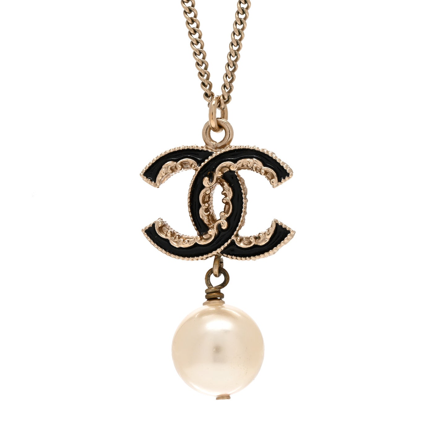 Enamel Pearl CC Baroque Drop Necklace Black Gold