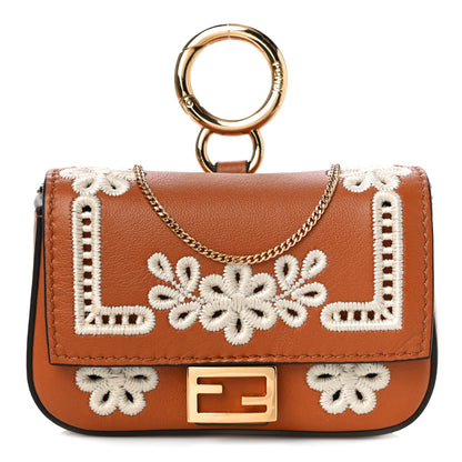 Fendi Shiny Nappa Vitello King Floral Ajour Embroidered Nano Baguette Charm Brandy 1 of 10