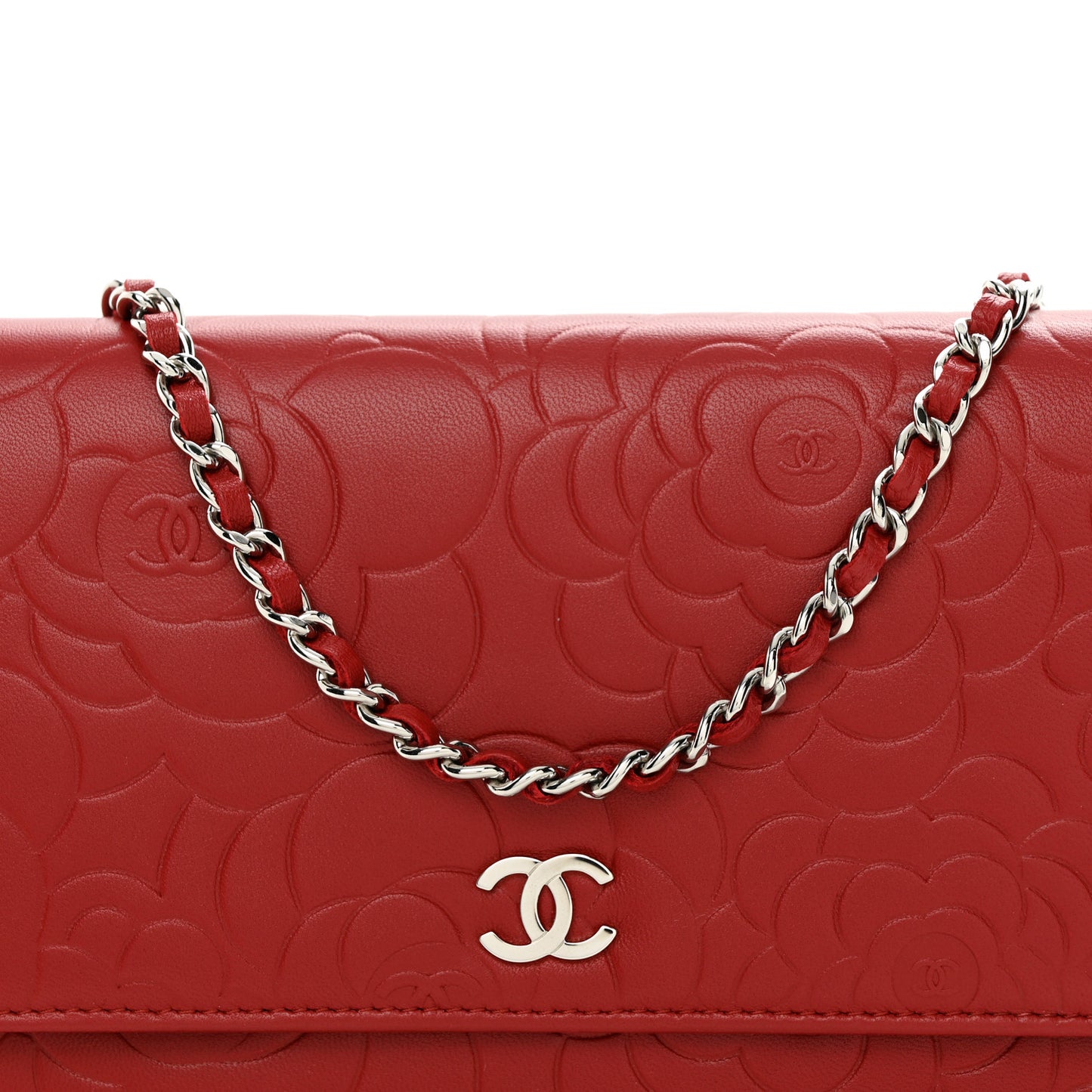 Lambskin Camellia Embossed Wallet on Chain WOC Red