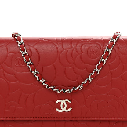 Chanel Lambskin Camellia Embossed Wallet on Chain WOC Red 9 of 12