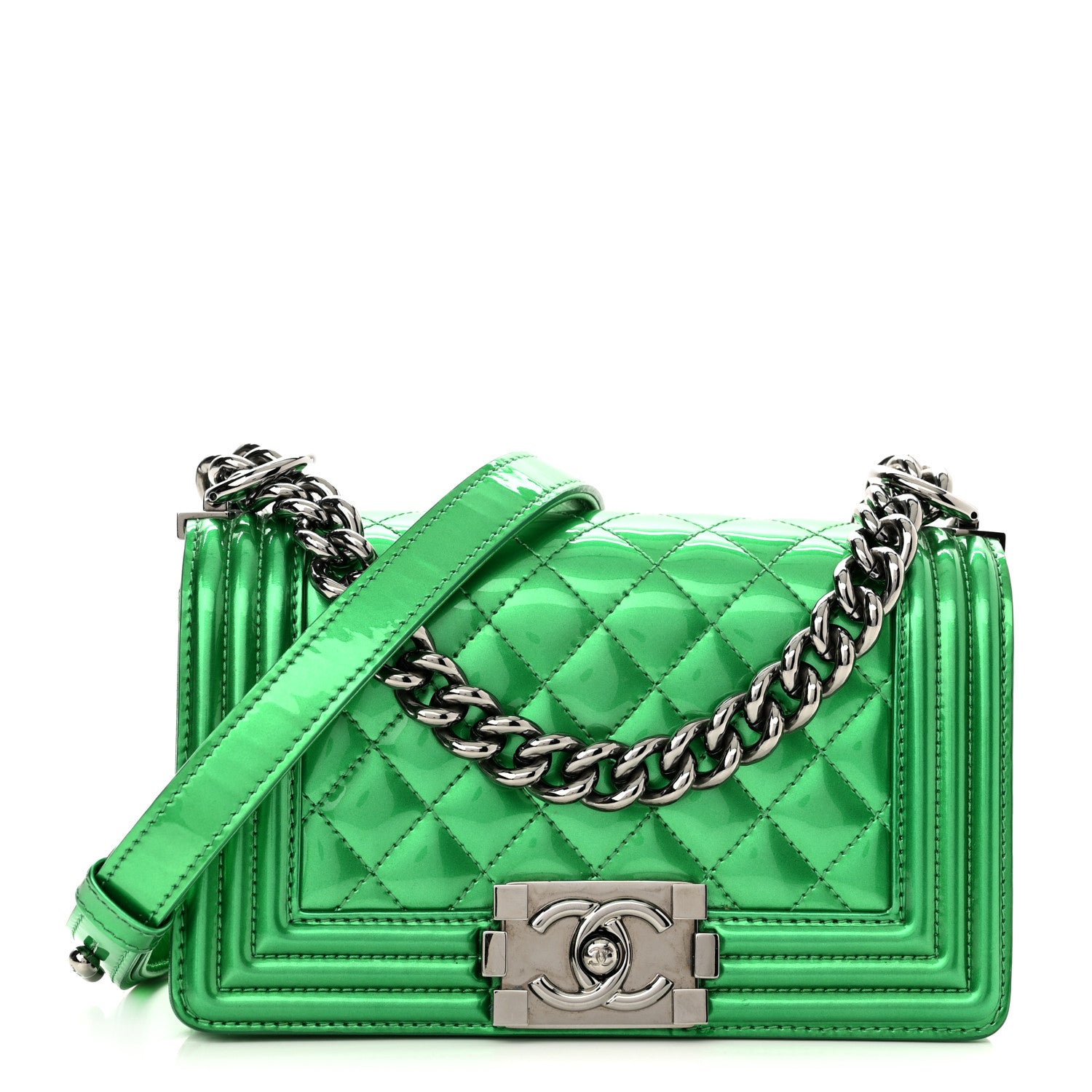 Chanel Metallic Patent Calfskin Quilted Small Boy Flap Green 1 of 10