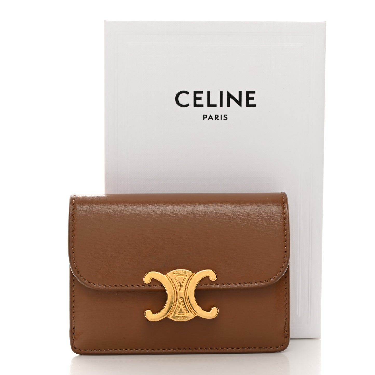 Shiny Calfskin Triomphe Flap Card Holder Bronze