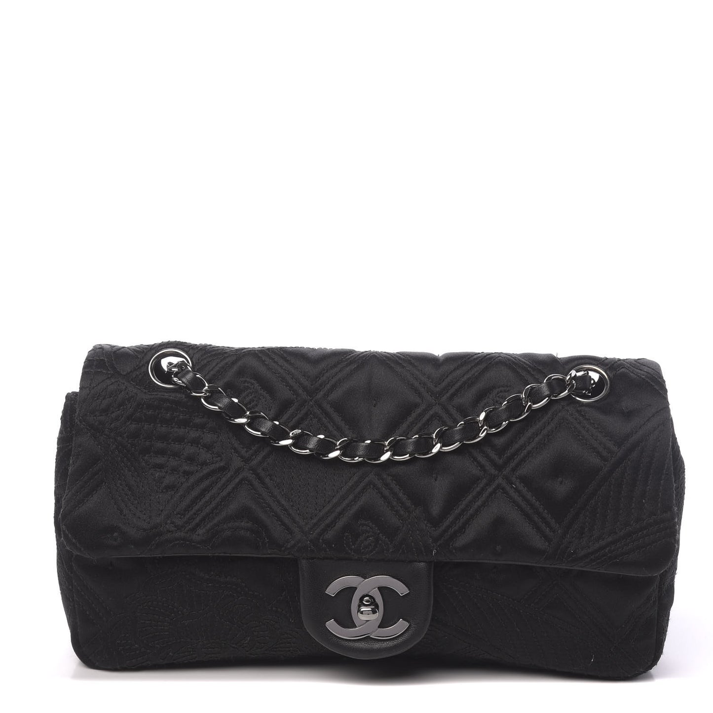 Satin Embroidered Medium Camellia Flap Black