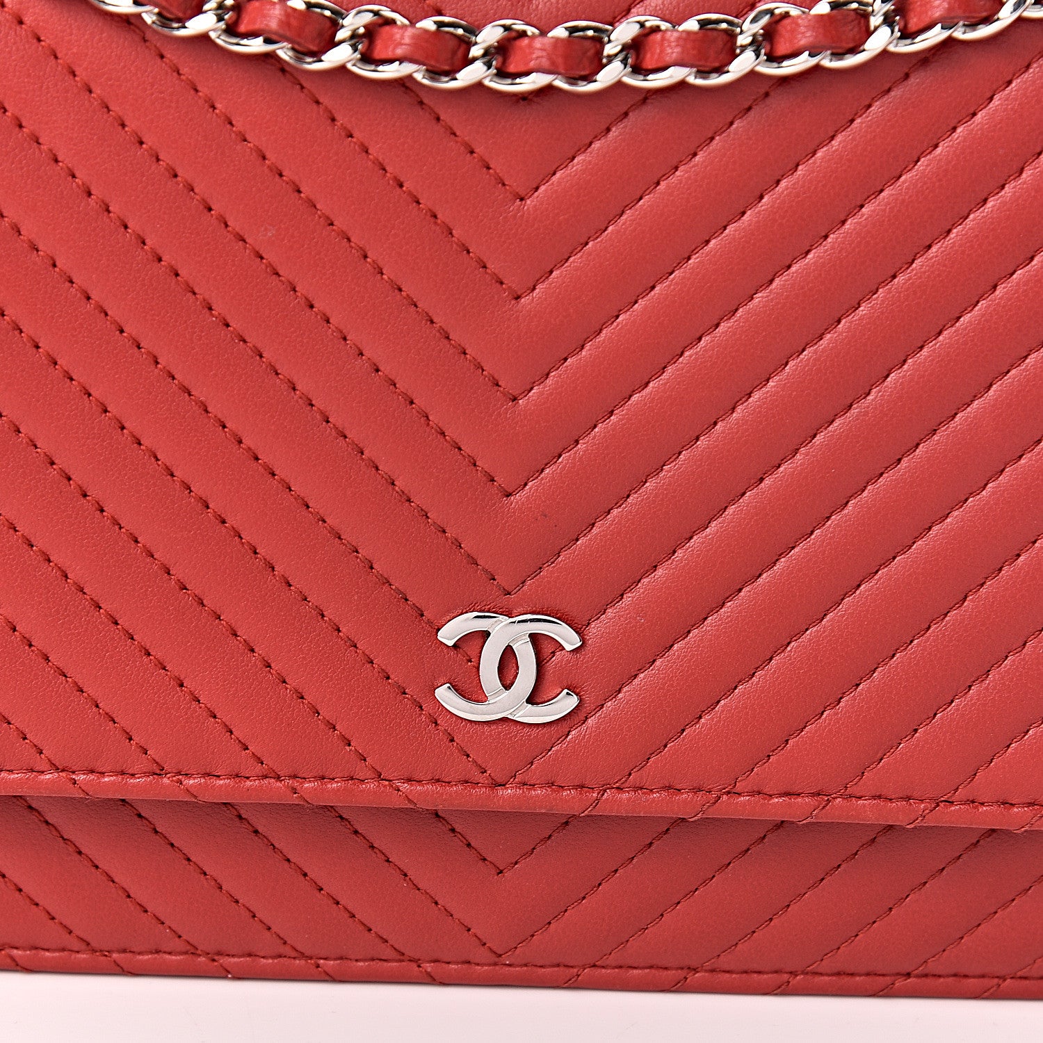 Chanel Lambskin Chevron Quilted Wallet On Chain WOC Red 14 of 15