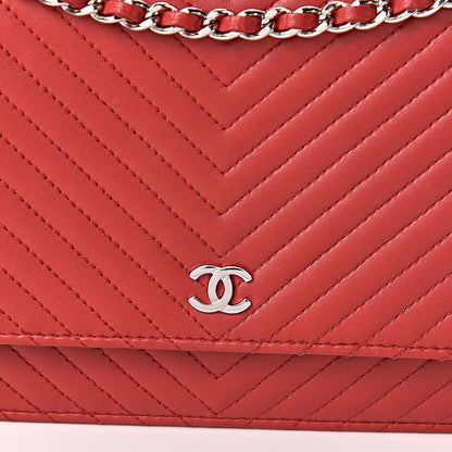 Chanel Lambskin Chevron Quilted Wallet On Chain WOC Red 14 of 15