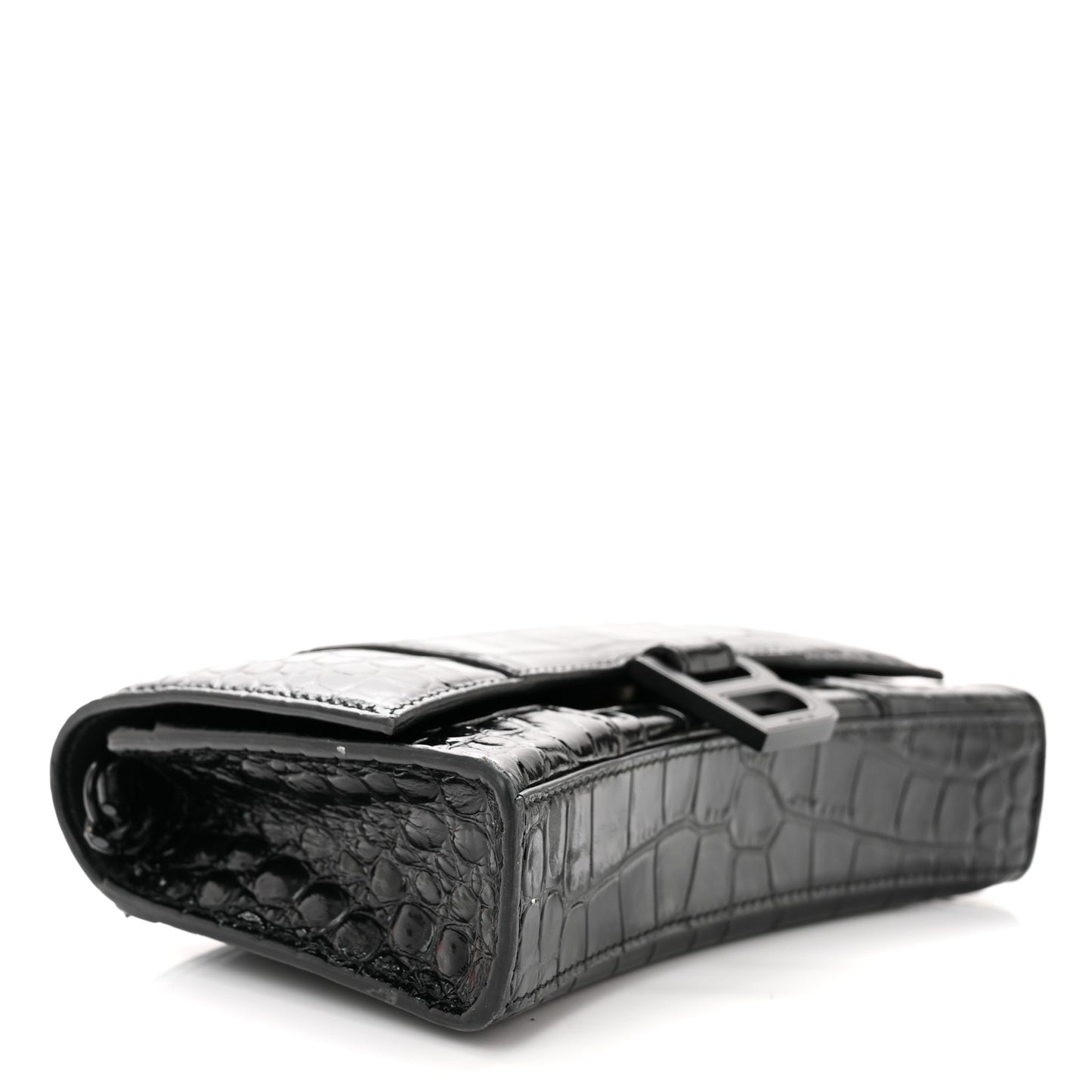 Shiny Calfskin Monochrome Crocodile Embossed Hourglass Chain Bag Black