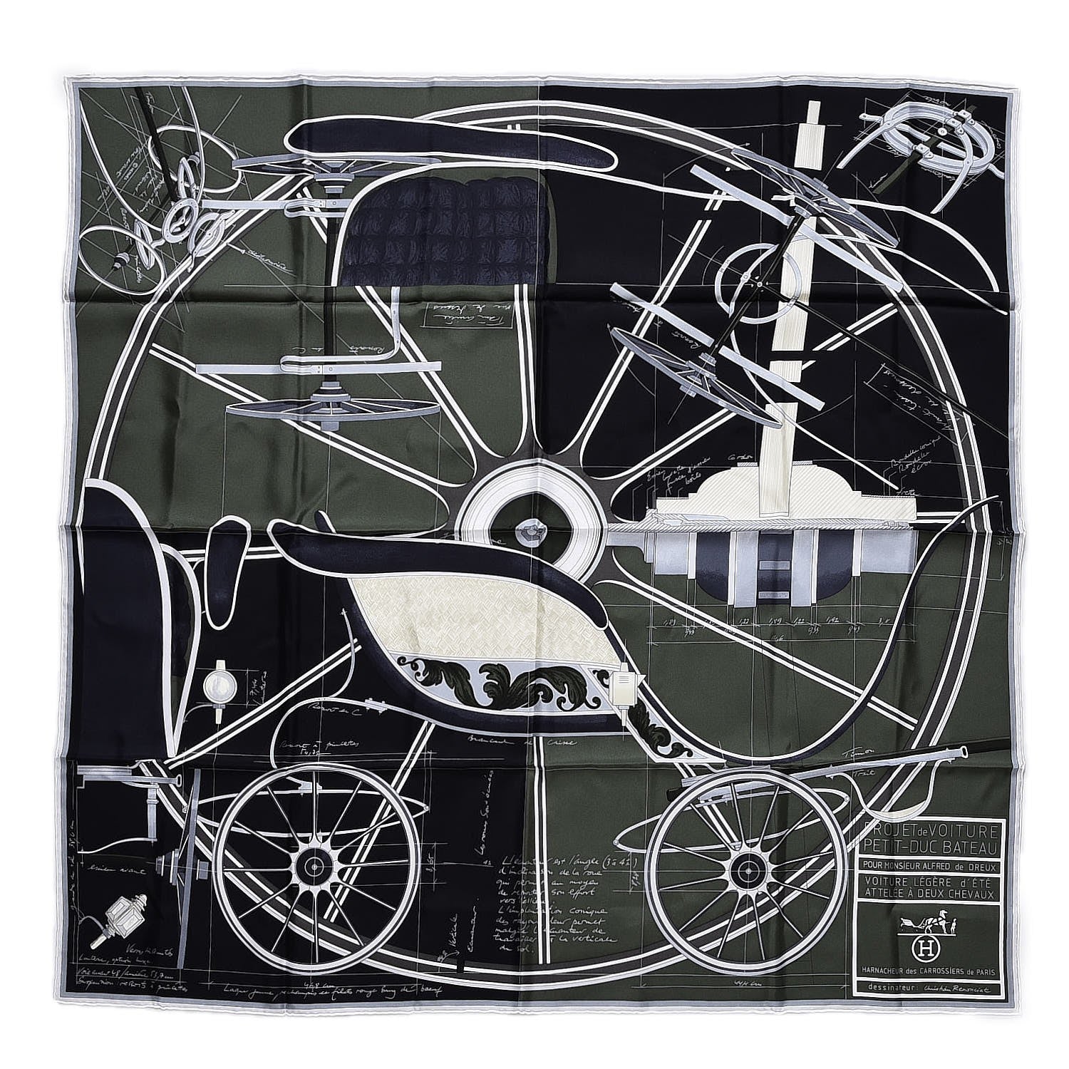Hermes Silk Petit Duc Scarf 90 Noir Kaki Creme 1 of 4