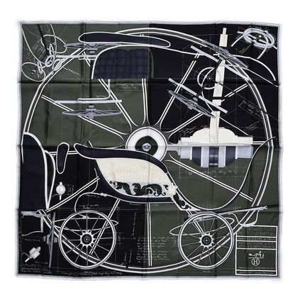 Hermes Silk Petit Duc Scarf 90 Noir Kaki Creme 1 of 4