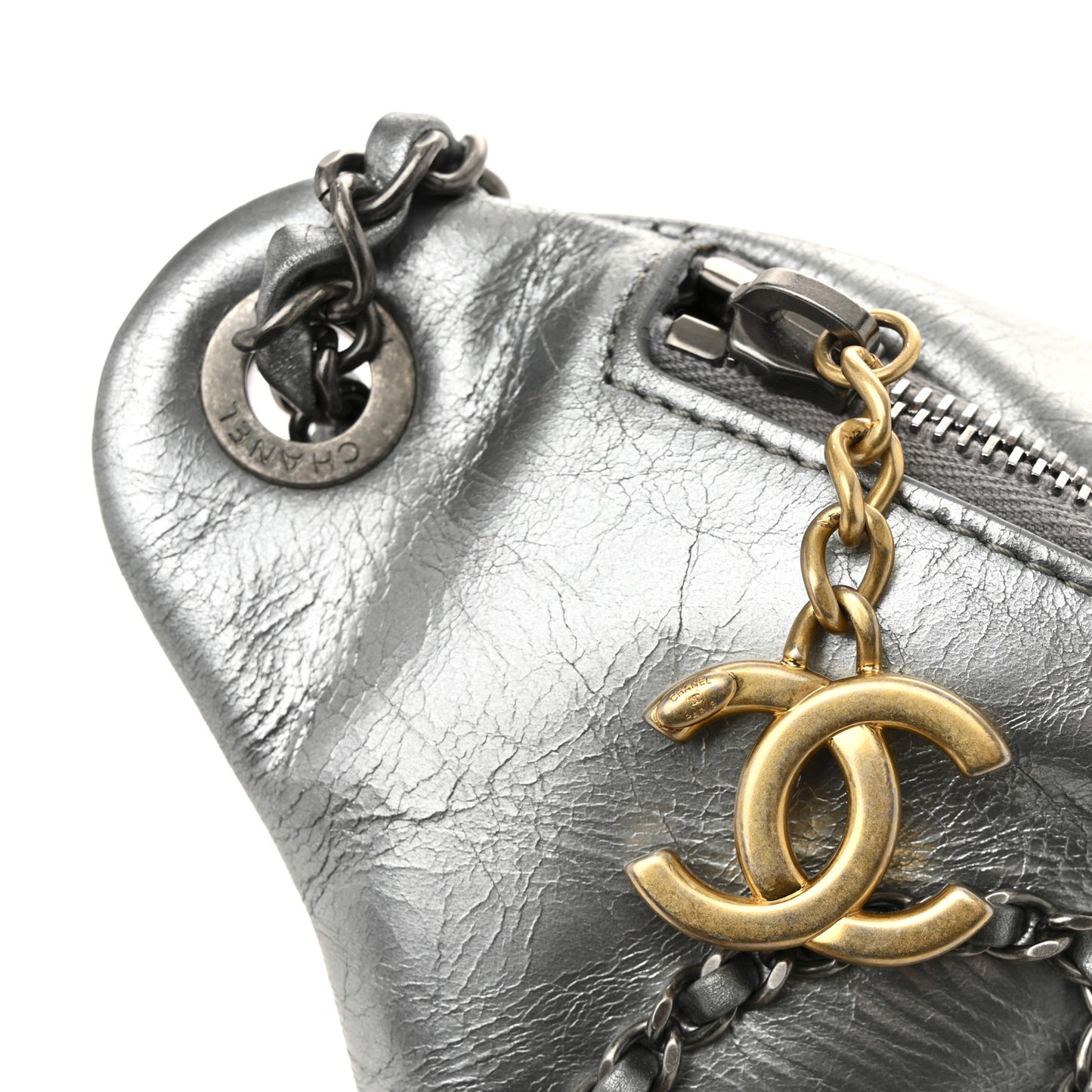 Metallic Crumpled Calfskin Chain 20s Signe Waist Bag Silver