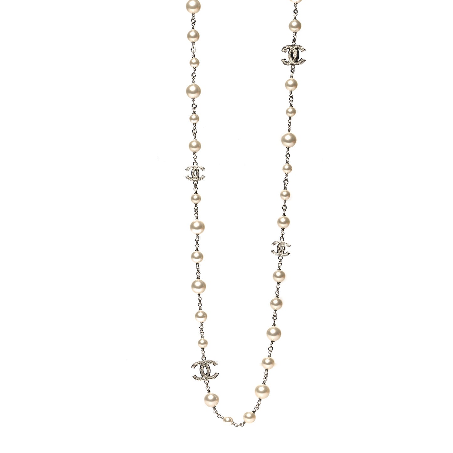 Graduated Pearl Crystal CC Long Necklace Silver