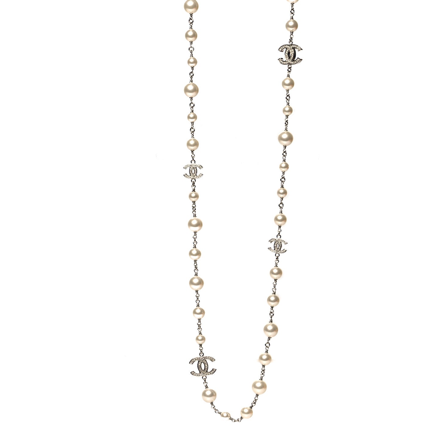 Chanel Graduated Pearl Crystal CC Long Necklace Silver 1 of 5