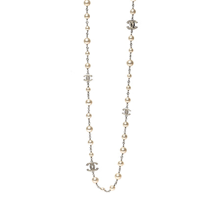 Chanel Graduated Pearl Crystal CC Long Necklace Silver 1 of 5