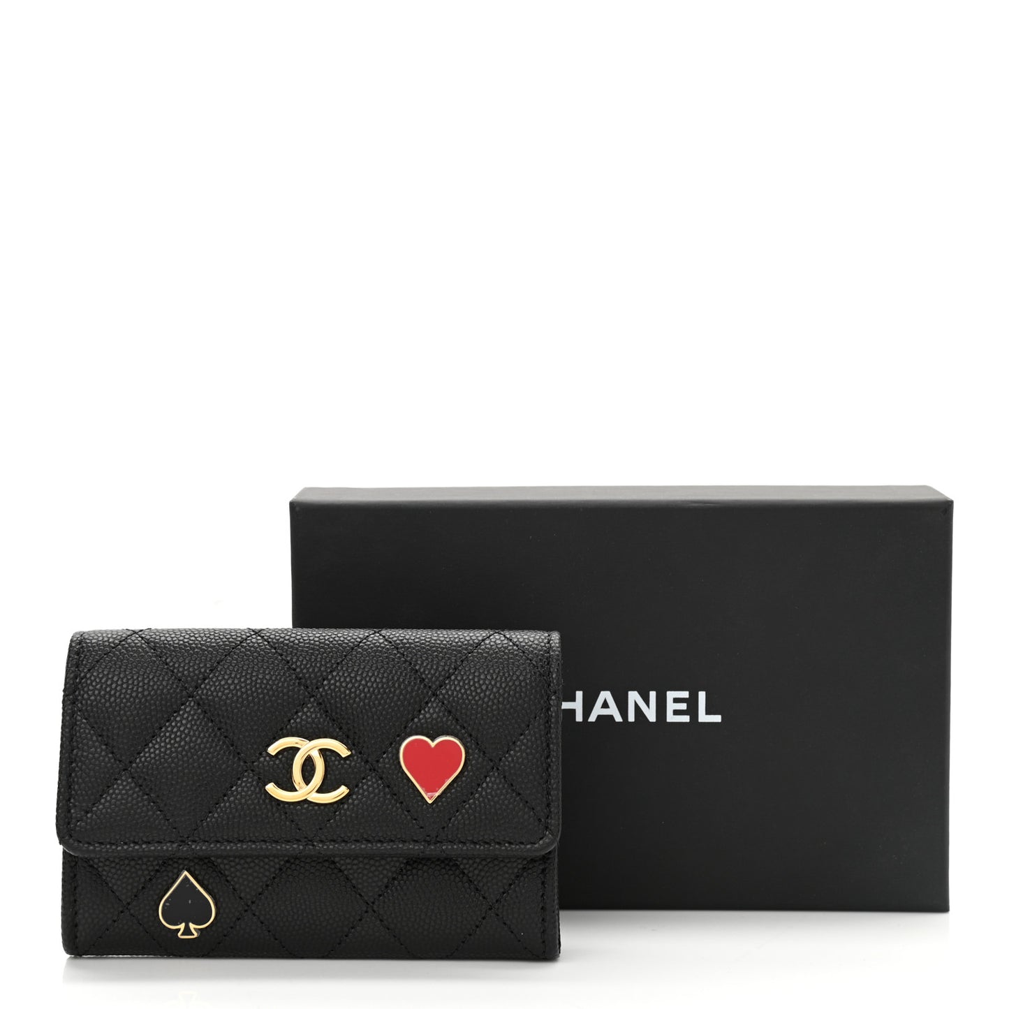 Caviar Quilted Enamel Coco Casino Flap Card Holder Wallet Black